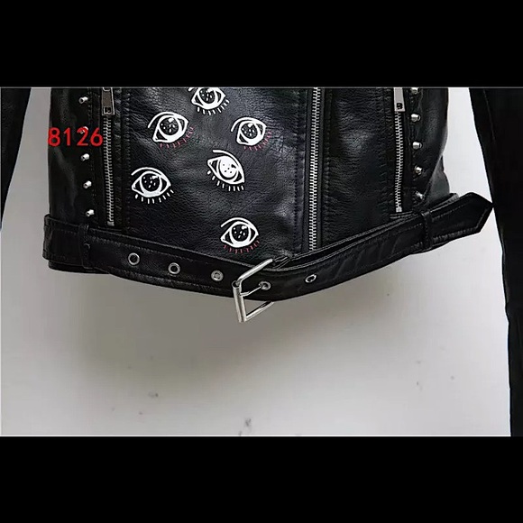 NWOT Black faux leather graffiti studded jacket - Picture 11 of 16
